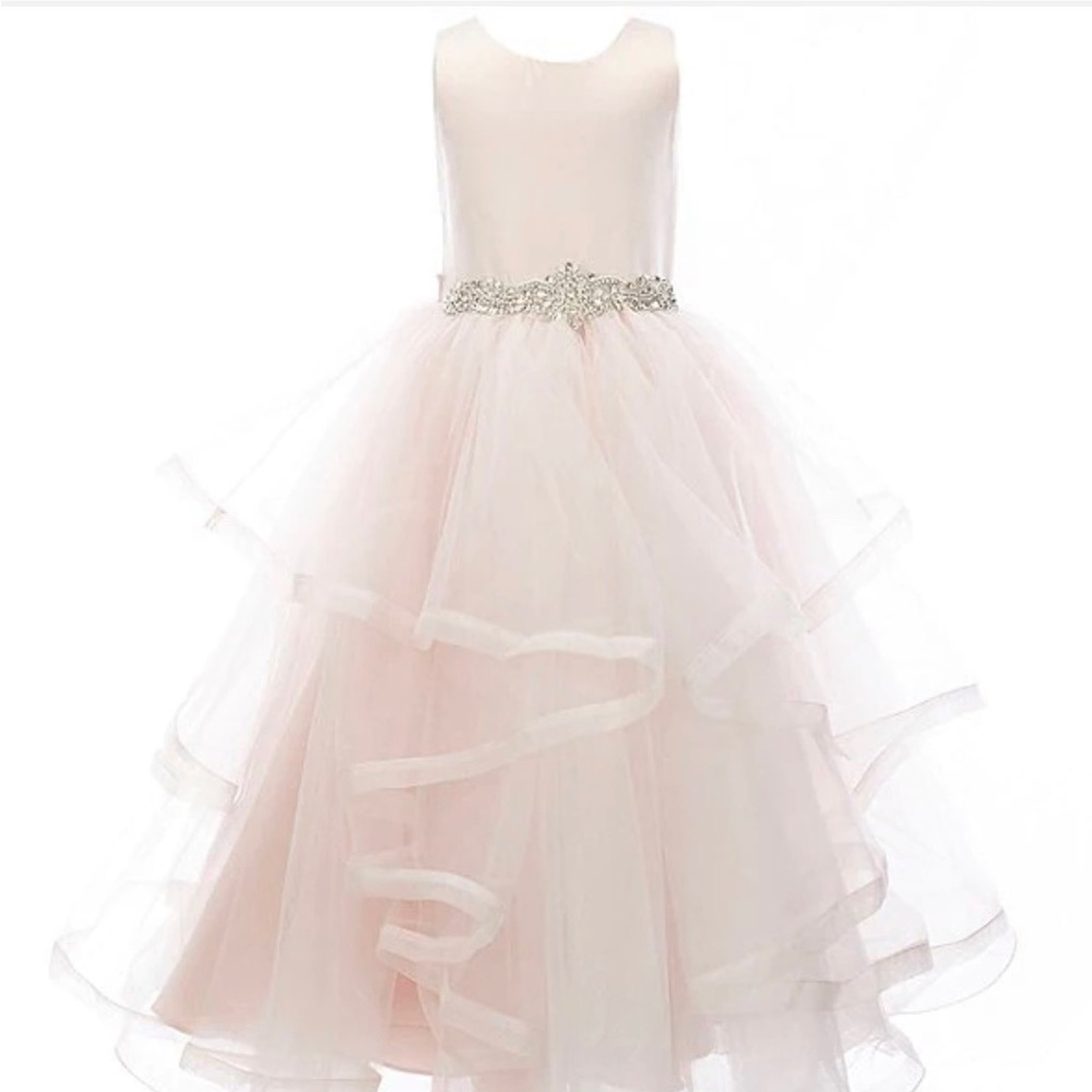 Blush satin/cascade fit and flare dress